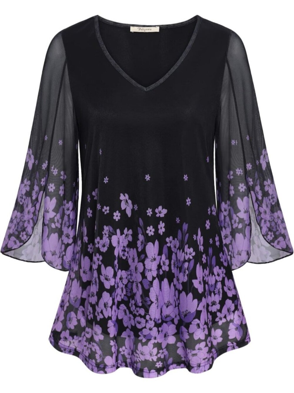 Bebonnie Women's Top Black Ruffle 3/4 Sleeves V Neck Double Layers Mesh Blouses